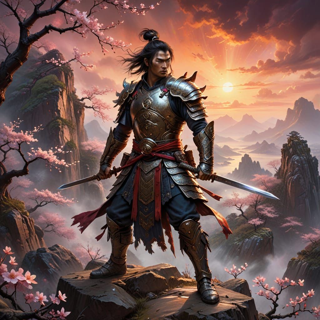 Ethereal Warrior Stands Against Sakura Sunset