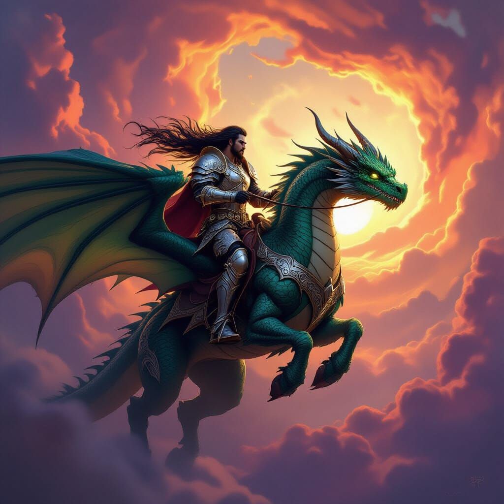 Dragon Warrior Ascends Fiery Nebula Sky