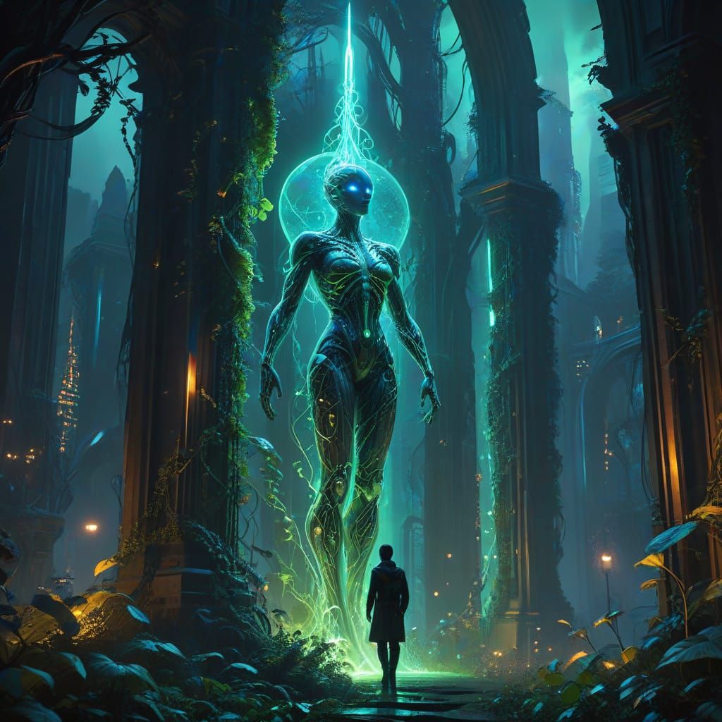 Futuristic Figure in Neon-Lit, Cyberpunk Cityscape