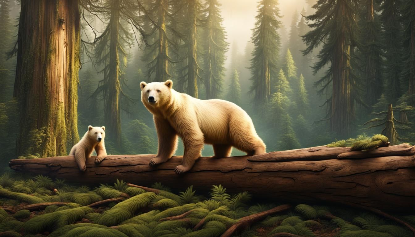 Kermode Spirit Bear Family in Lush Rainforest
