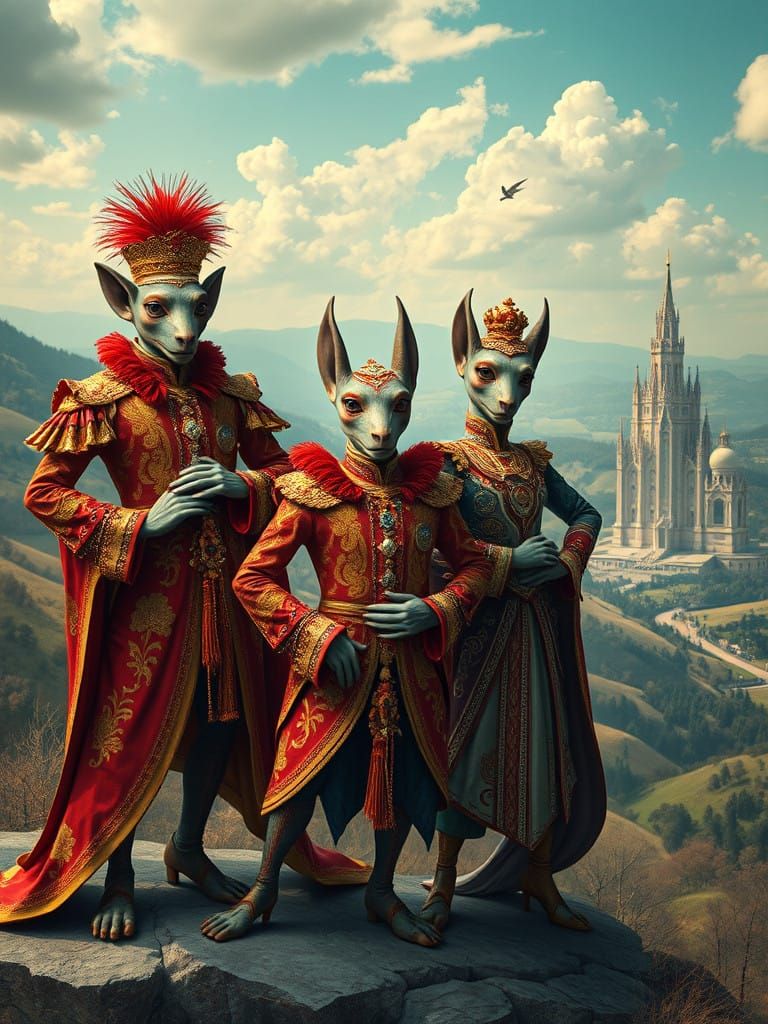 Confident Surrealists in Ornate Attire