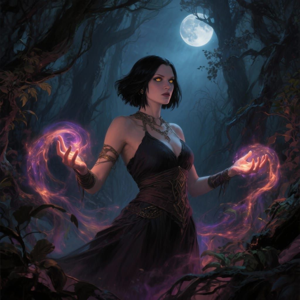 Enya The Witch Casting Spell in Moonlit Forest