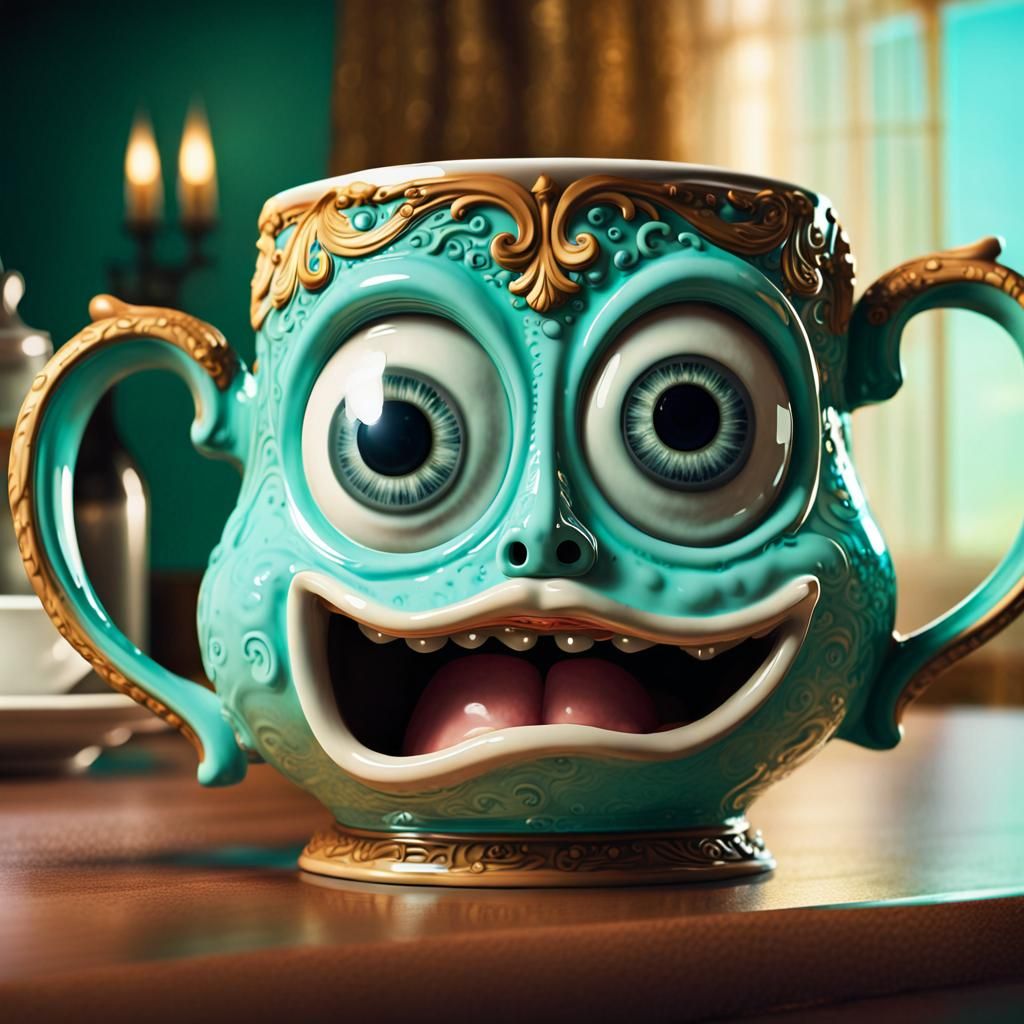 Ornate Aqua Mug with Big Eyes in 3D