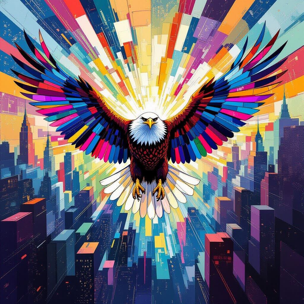 Eagle of Stained Glass Soars Through Abstract Sound Cityscap...