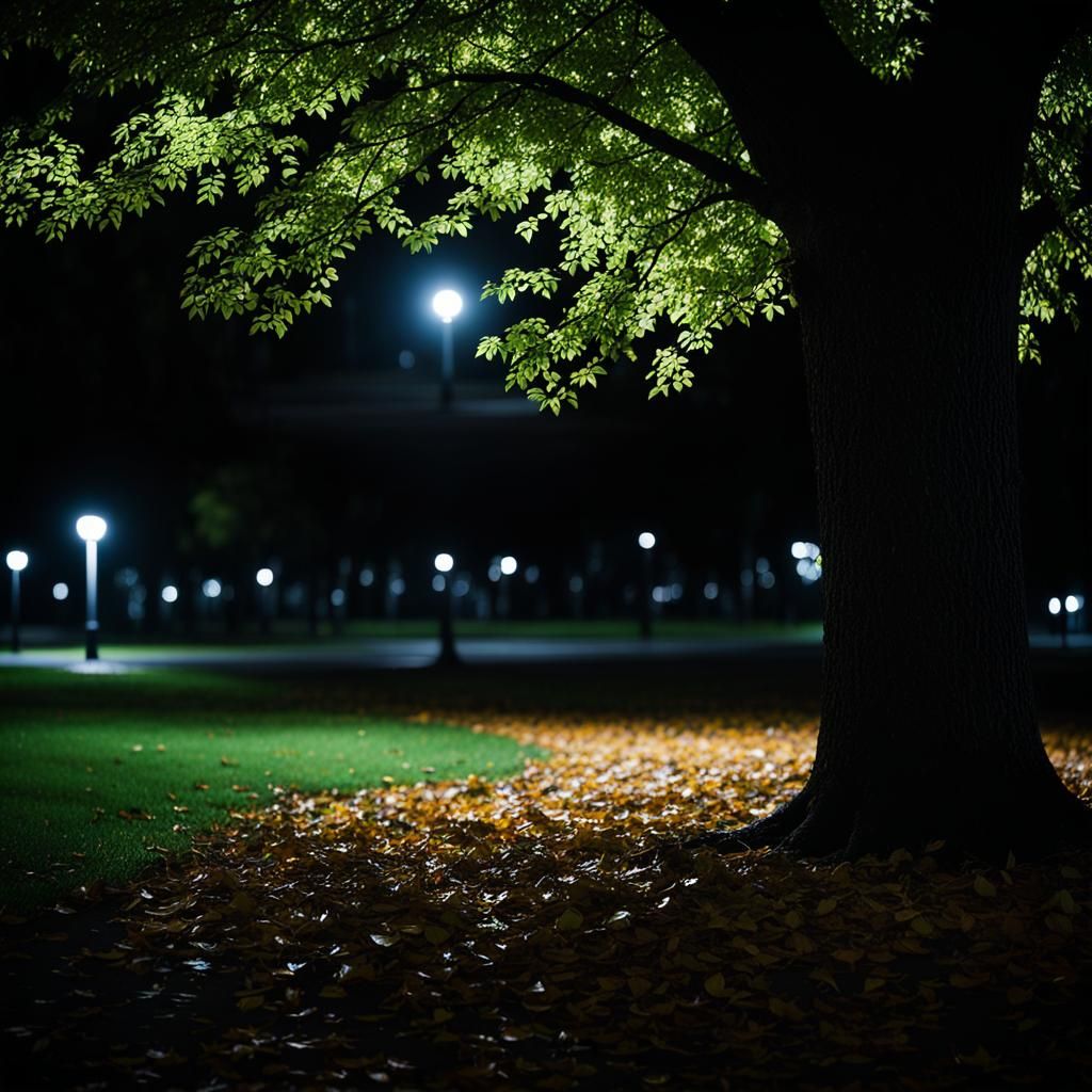 Solitary Tree in Shadowed Park at Night