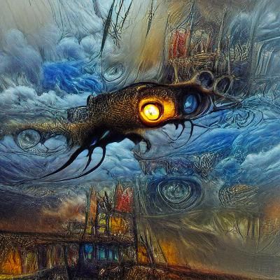 Steampunk Sea Monster Over Beach in Thunderstorm