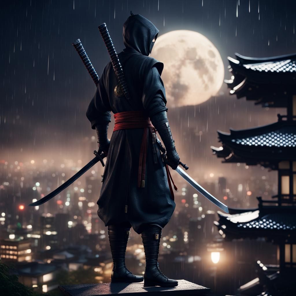 Ninja in Rain on Rooftop at Night