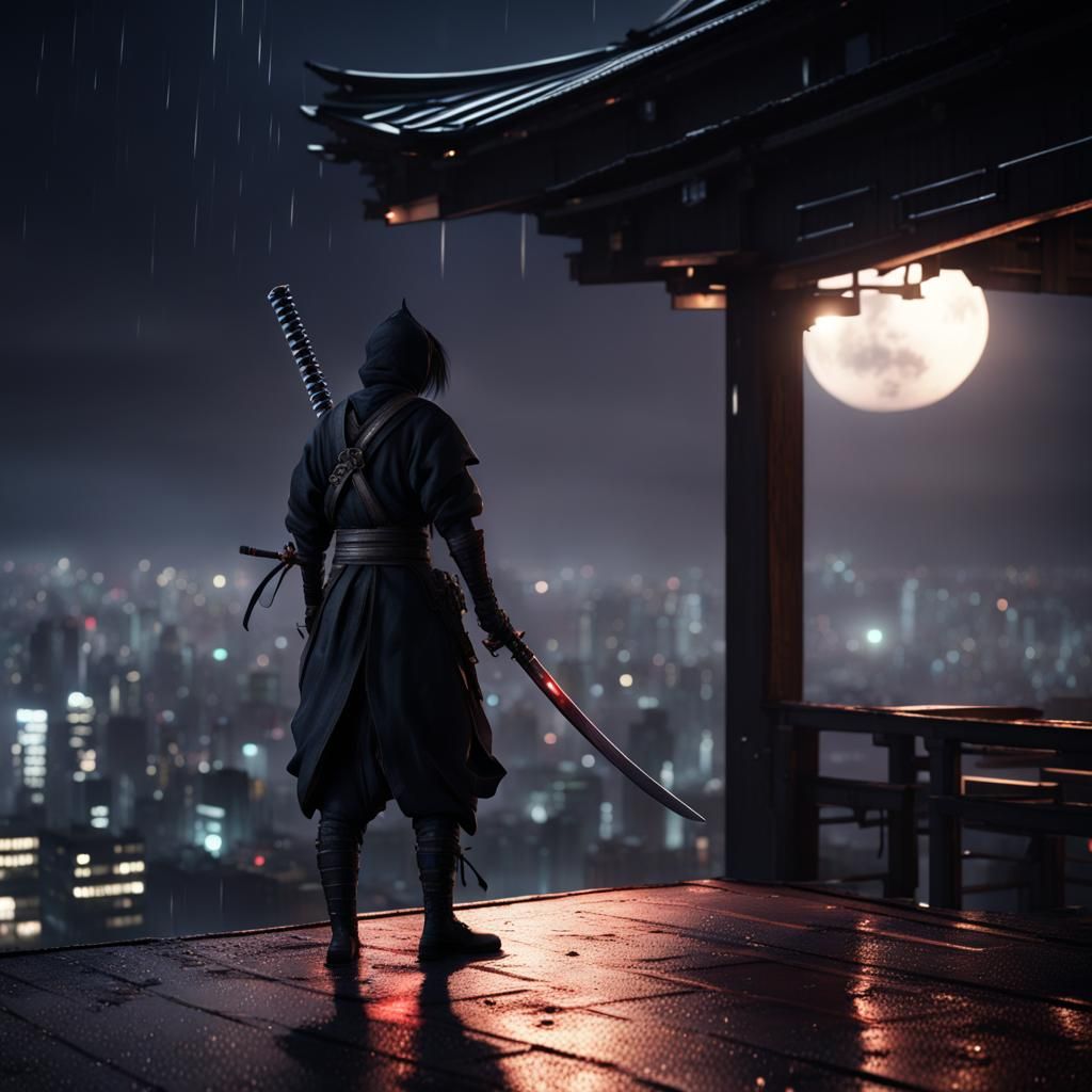 Ninja on Rooftop in Rainy Japan Night