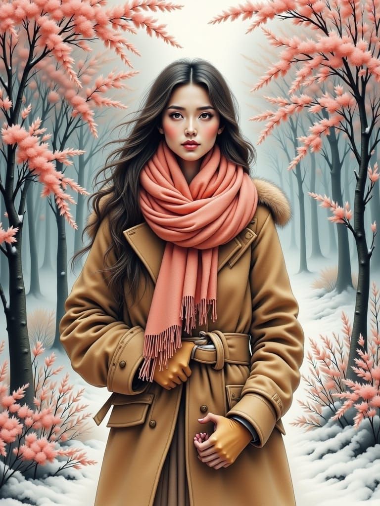 Whimsical Woman in Blooming Snowscape