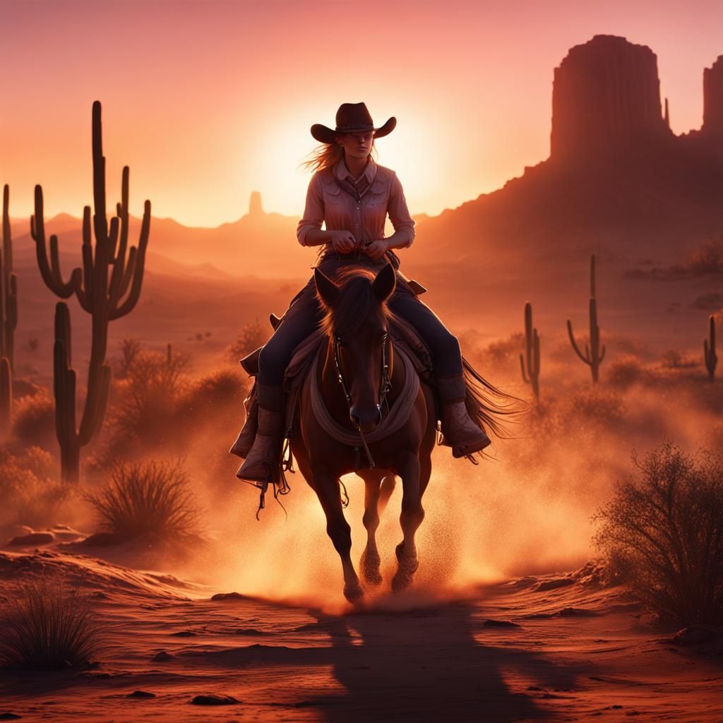 Cowgirl Rides into Arizona Sunset: Detailed Matte Painting
