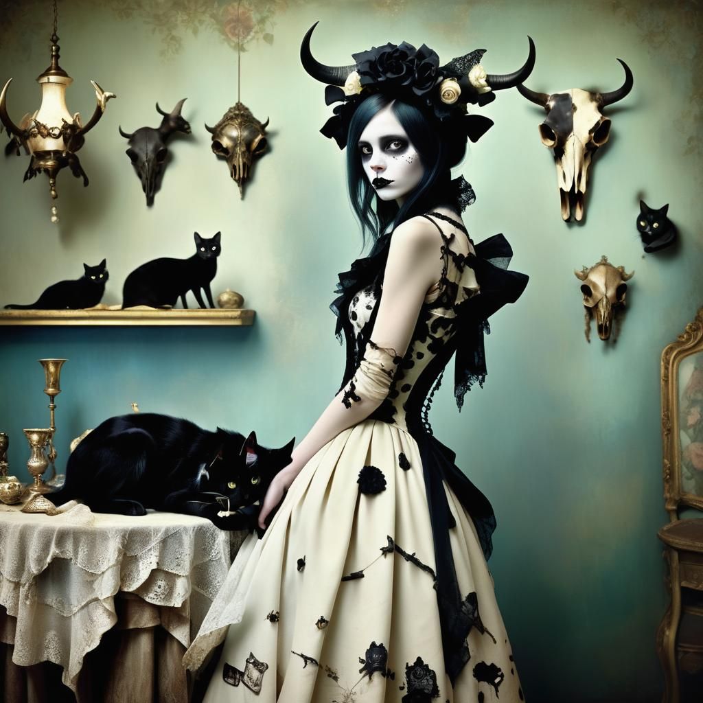 Victorian Gothic Woman with Cow Skull and Cats