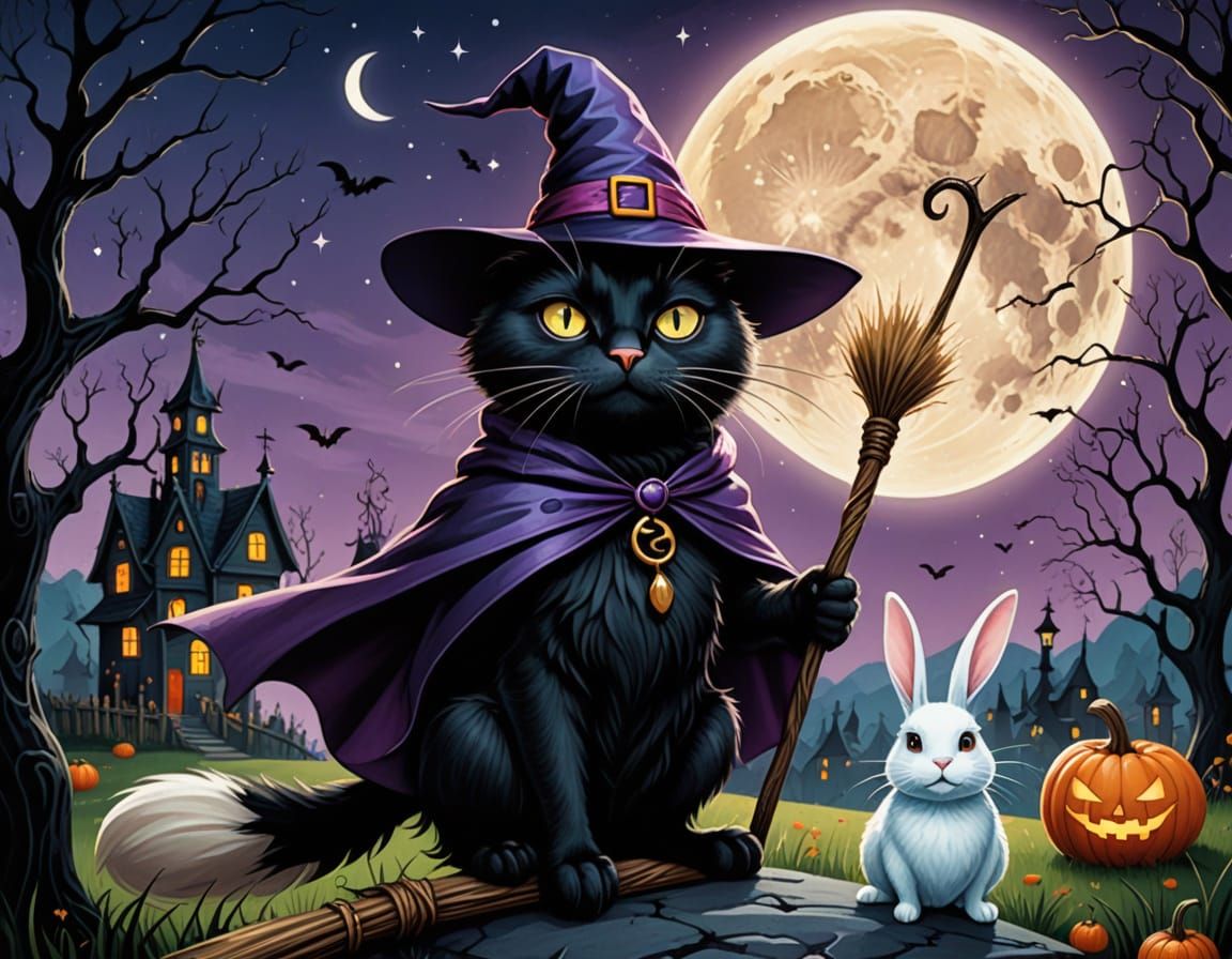 Whimsical Halloween Cat and Rabbit on Broomstick
