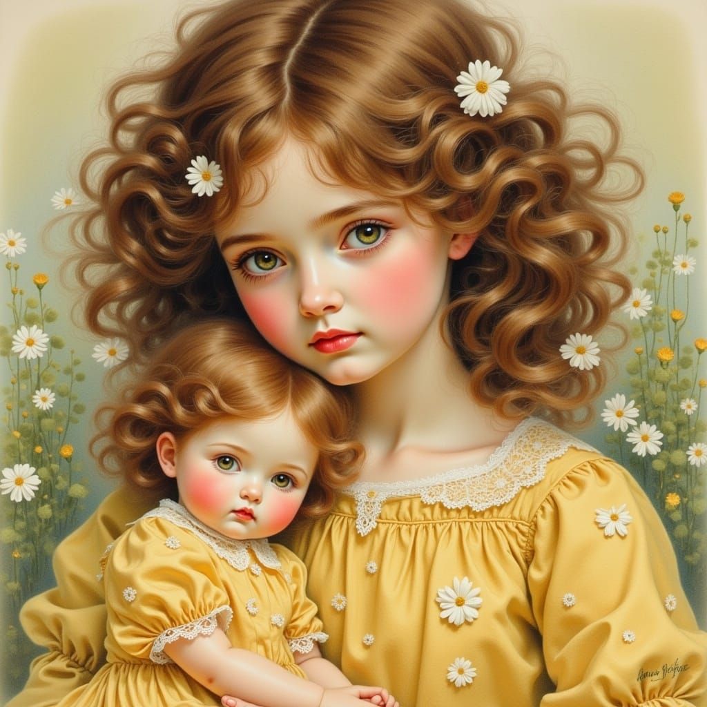 Girl with Doll in Beatrix Potter Style