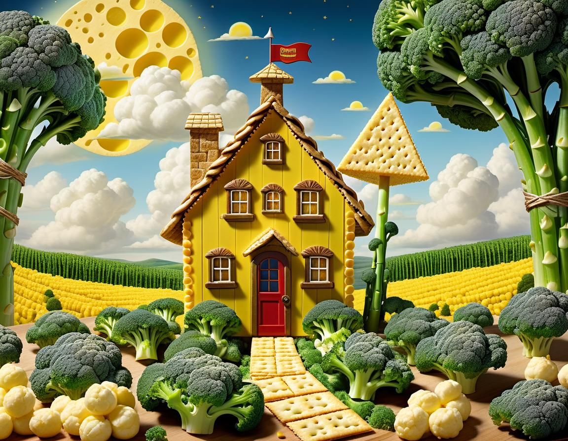 A foodscape with a breadstick house, cracker pathway, asparagus corn yard with broccoli trees