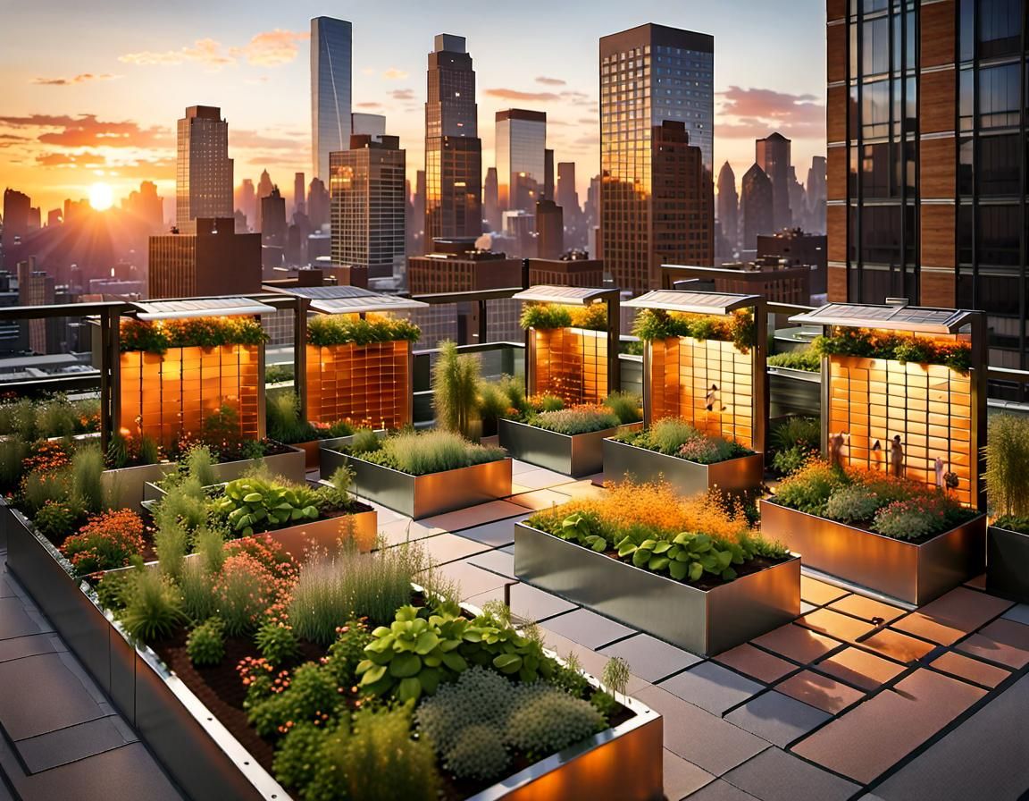 Rooftop Garden Oasis at Sunset