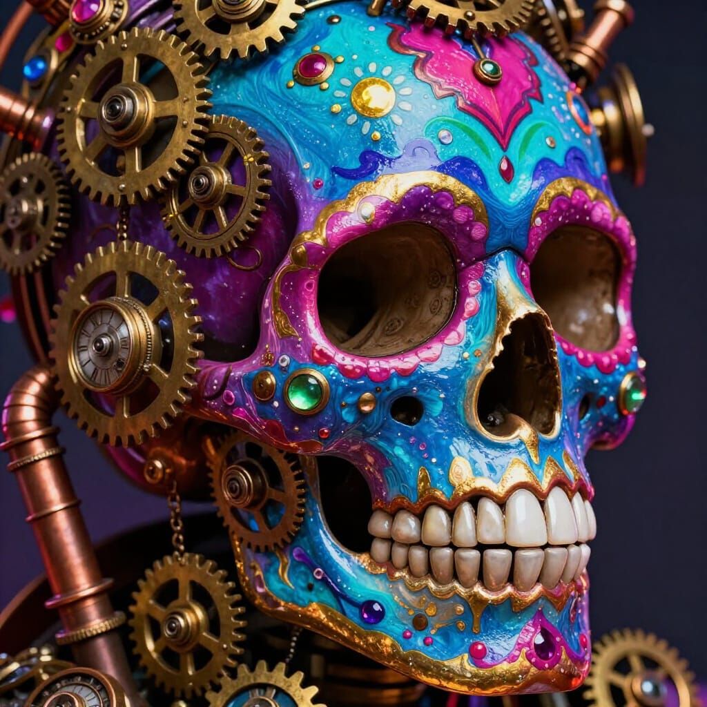 Steampunk Day of the Dead Skull with Clockwork Details