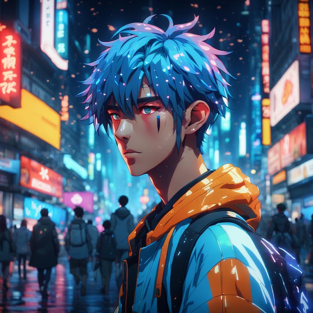 Anime Portrait in Bustling City with Neon Lights