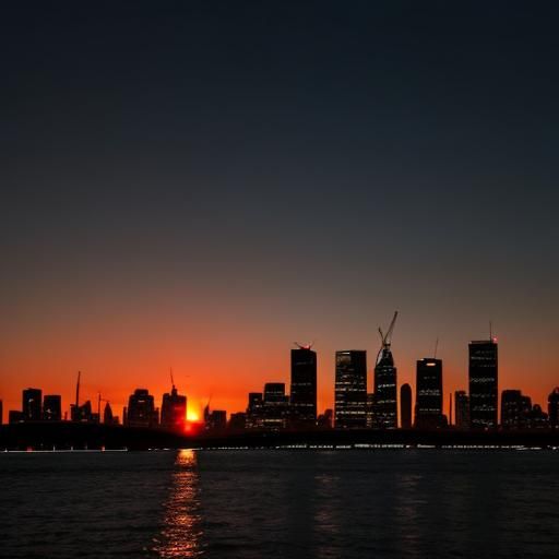 Sunset Cityscape Silhouette Over Water
