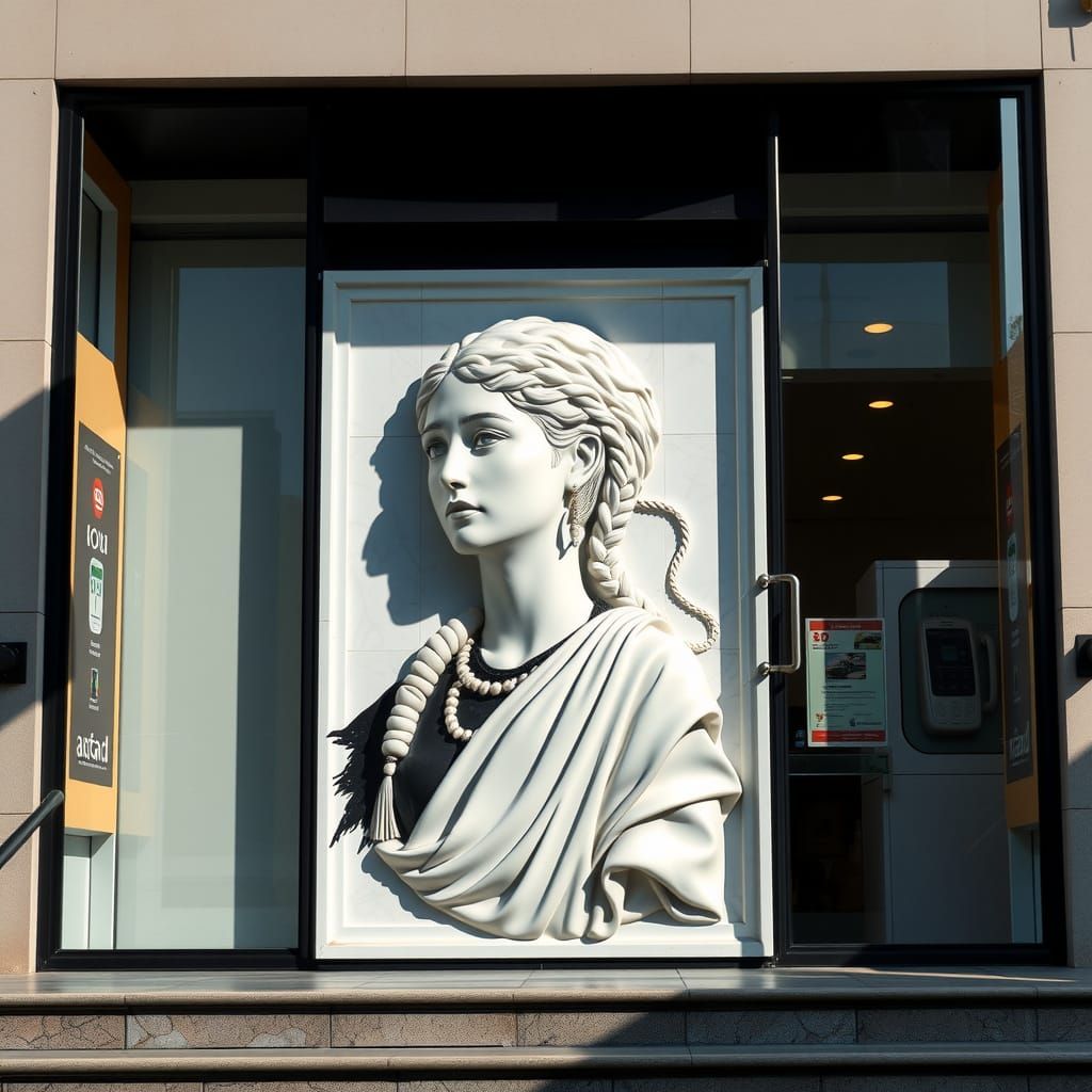 Shop door with marble relief