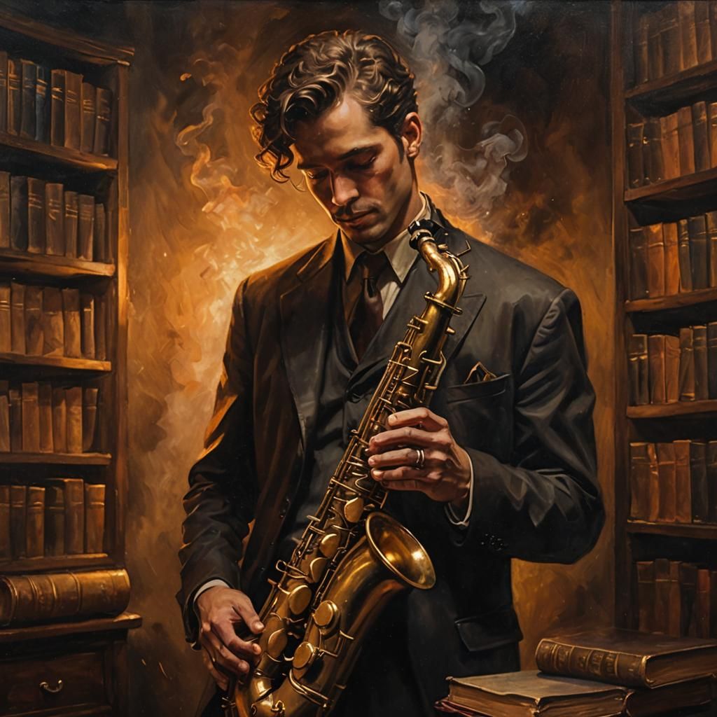 Saxophone Player in Dimly Lit Study as Oil Painting