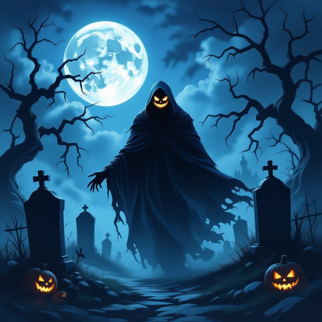 Spectral Figure in Moonlit Gothic Graveyard