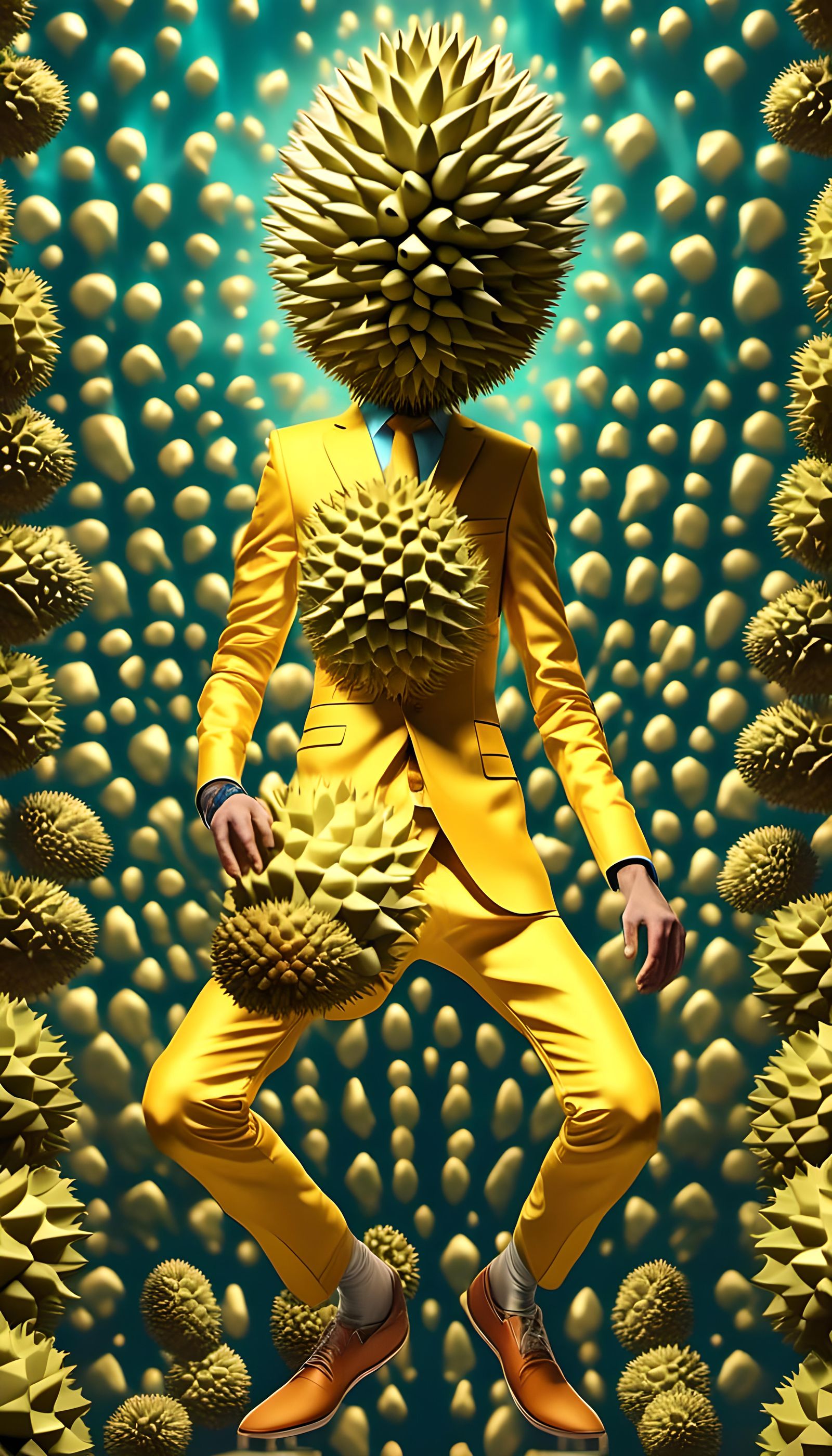 Dancing Durian in Sci-Fi Maximalist Art