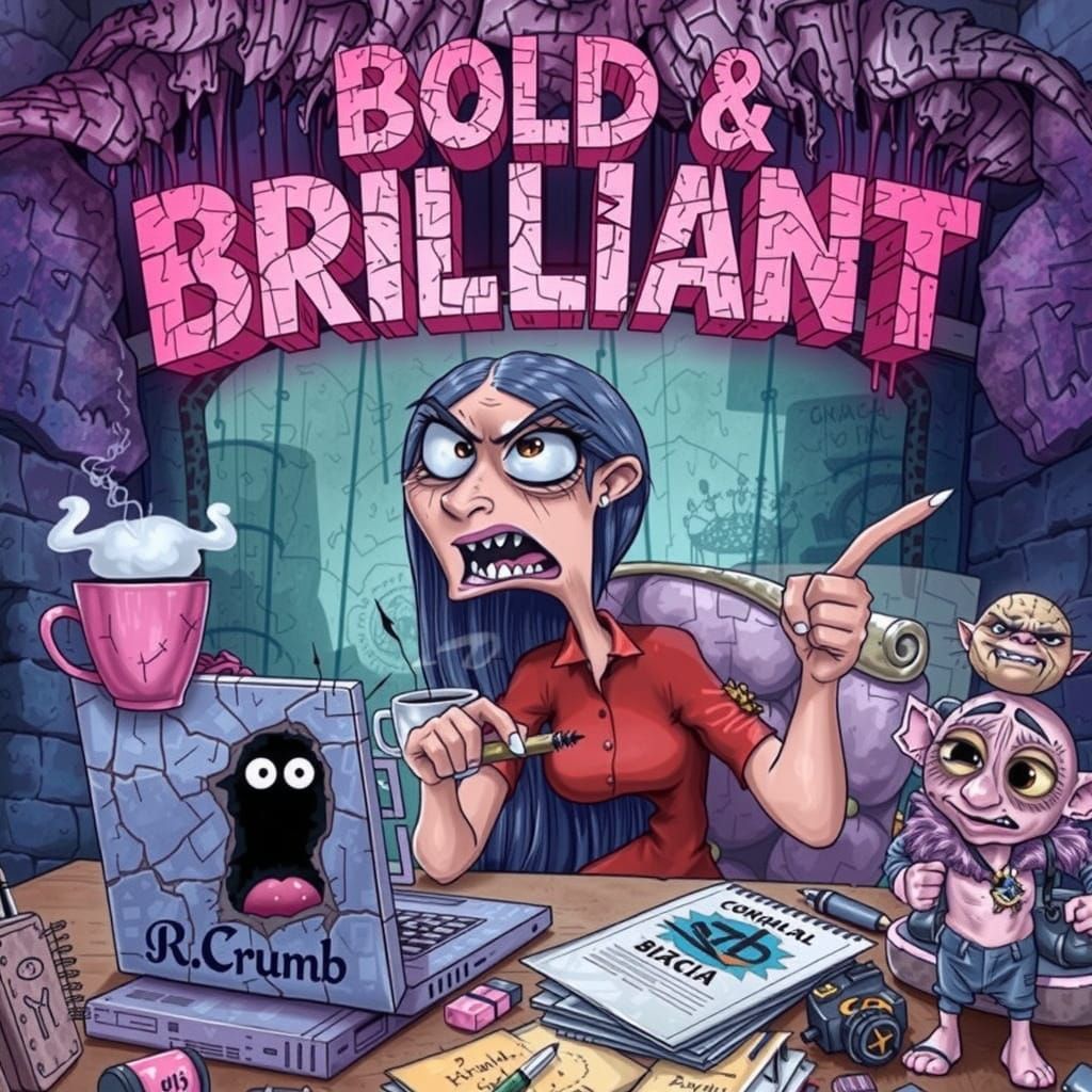 In the style of R. CRUMB, at the top of the canvas floats te...