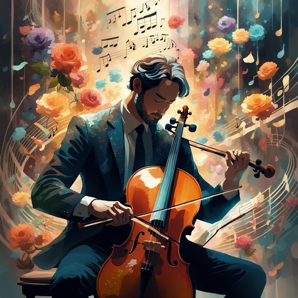 Cellist Silhouette with Swirling Musical Notes