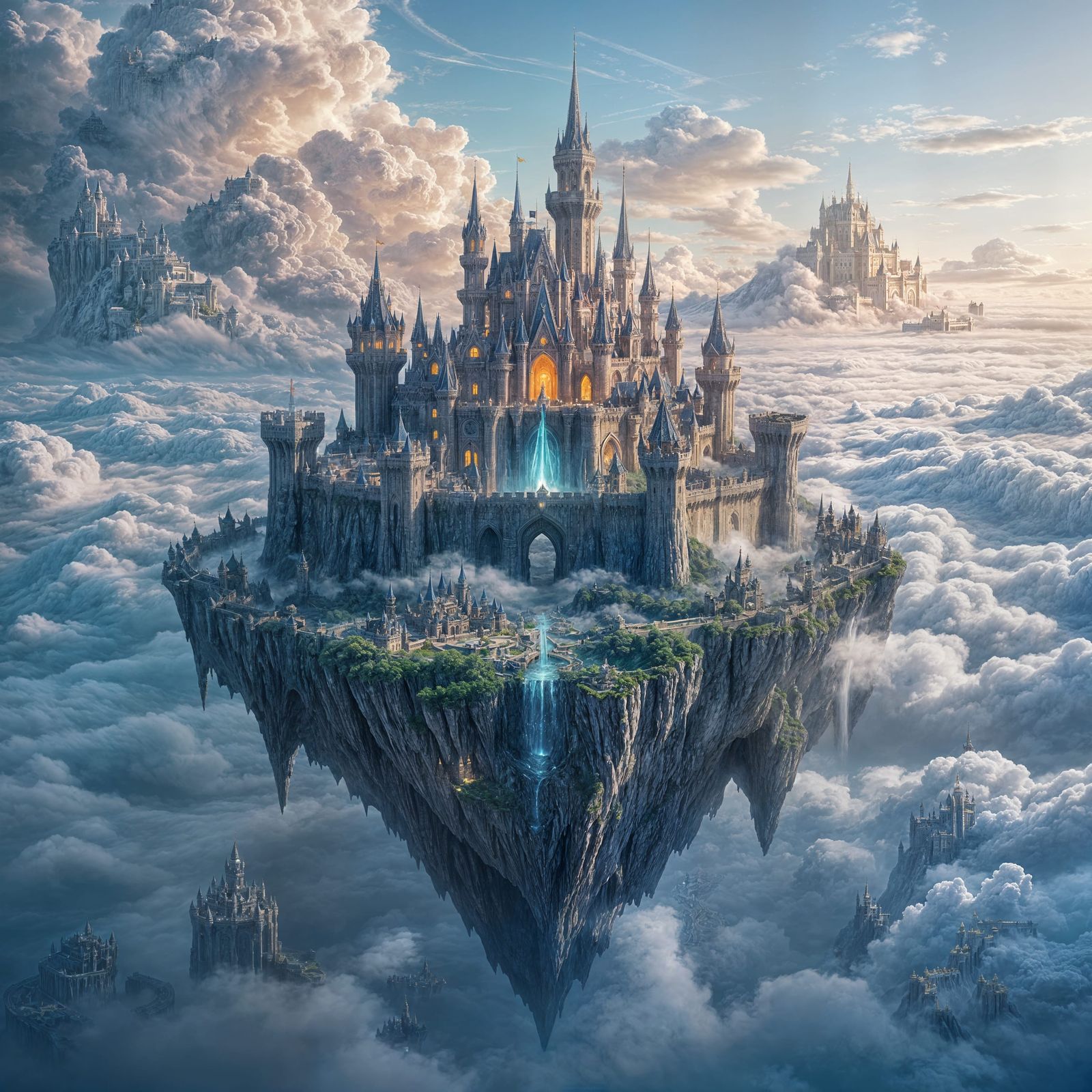 Majestic Castle on Floating Island Above Clouds