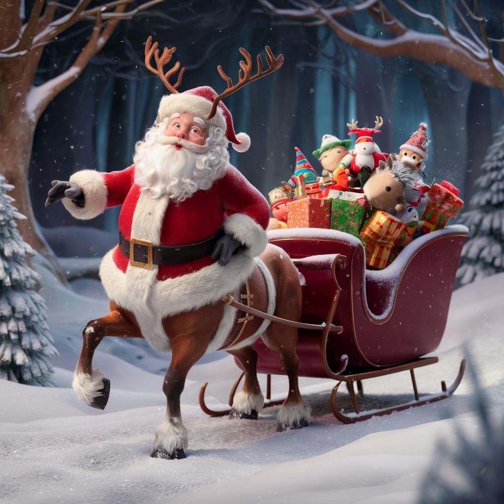 Whimsical Santa Centaur Pulls Toy-Filled Sleigh