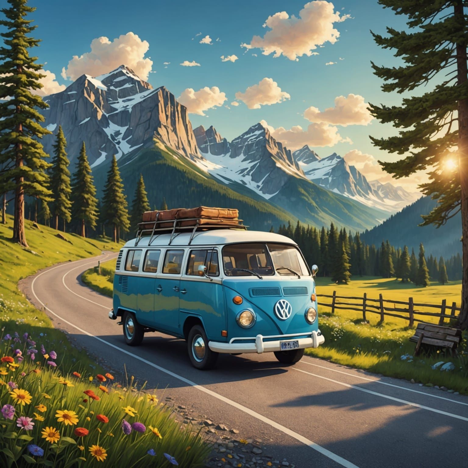 Free traveling hippies hitchhiking across meticulously detai...