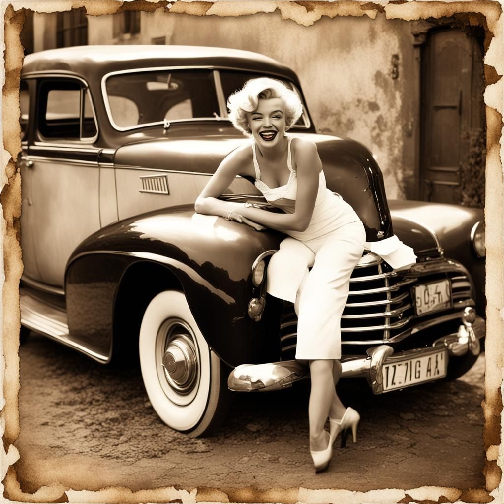 "portrait, beautiful super cute laughing Marilyn Monroe near an antique car mobile of that time,vintage photo,sepia, on ...