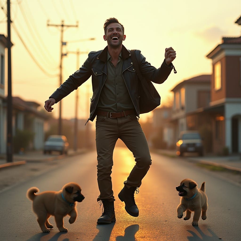 Man Dances in the Street with Joyful Puppies