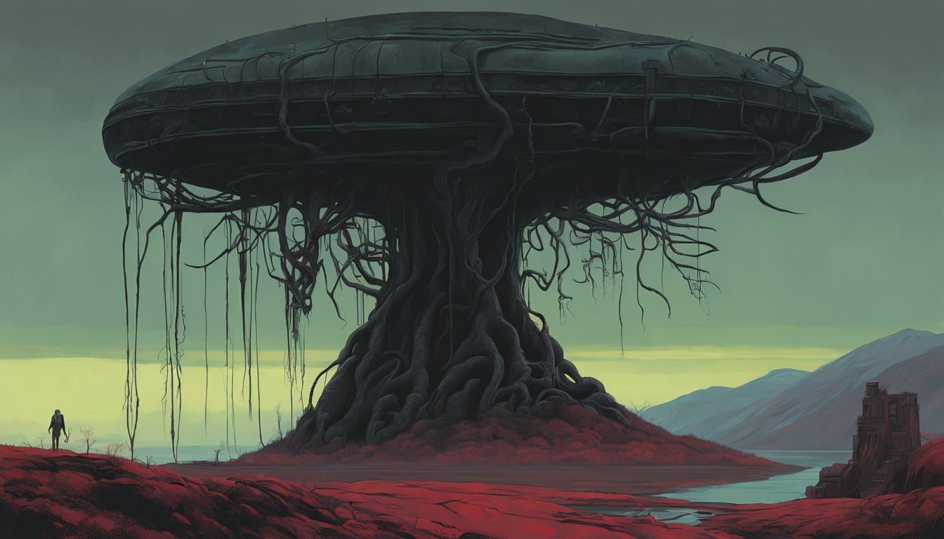 Twisted Tree Guardians Crimson Waterfall in Dark Oil Paintin...