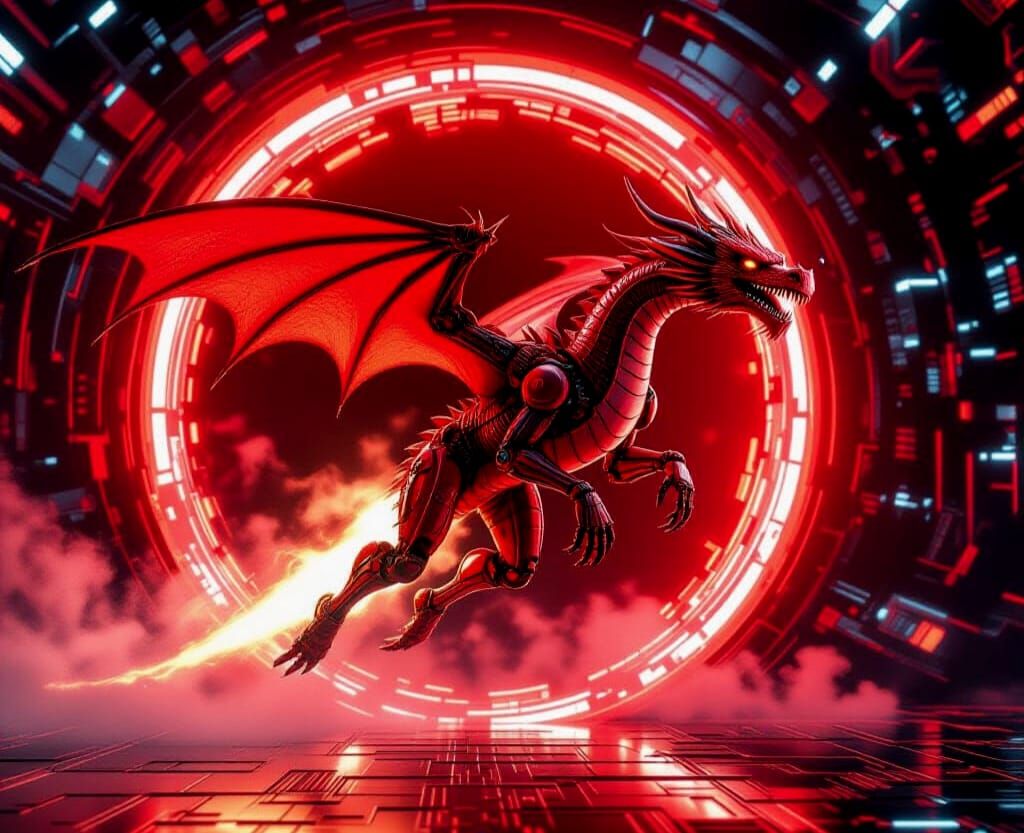 Cyberpunk Red Dragon Emerges From Futuristic Portal