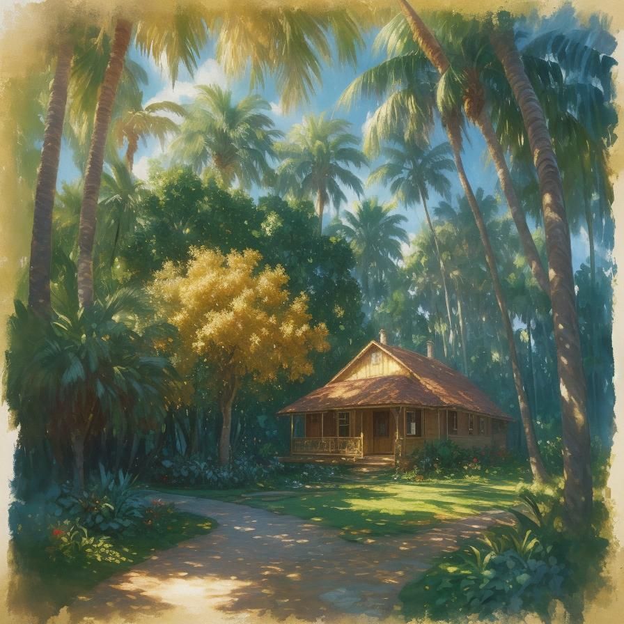 Cozy Cottage in Gardens: Impressionist Gouache Masterpiece