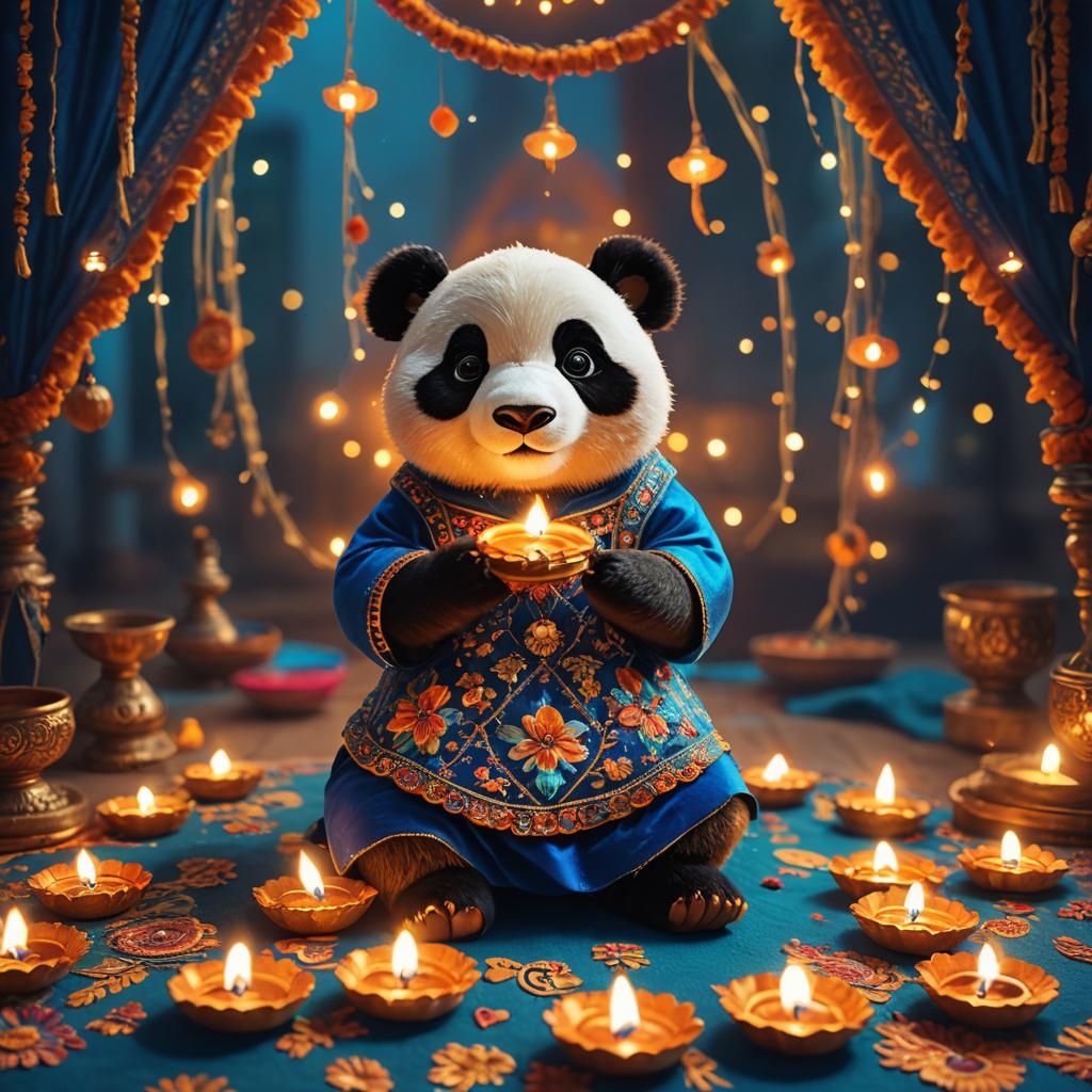 Diwali Celebration: Panda in Vibrant Blue Embroidered Dress