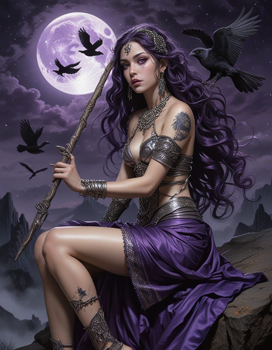 Japanese Warrior Princess with Crystal Staff in Moonlight