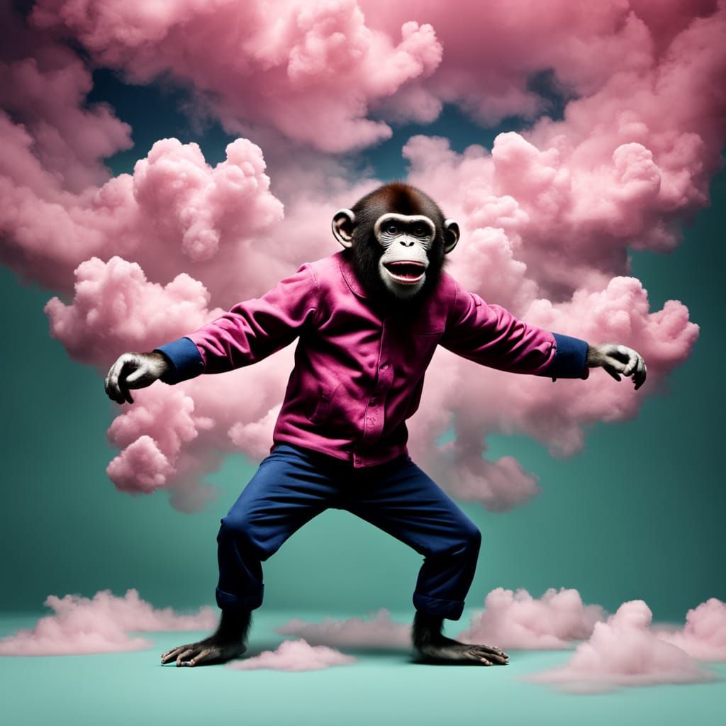 Monkey dancing in pink clouds
