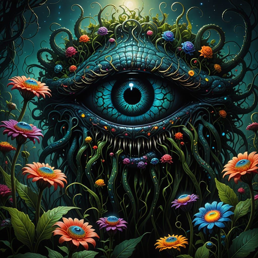 Cosmic Horror Garden with Eye Flowers in Acrylic Style