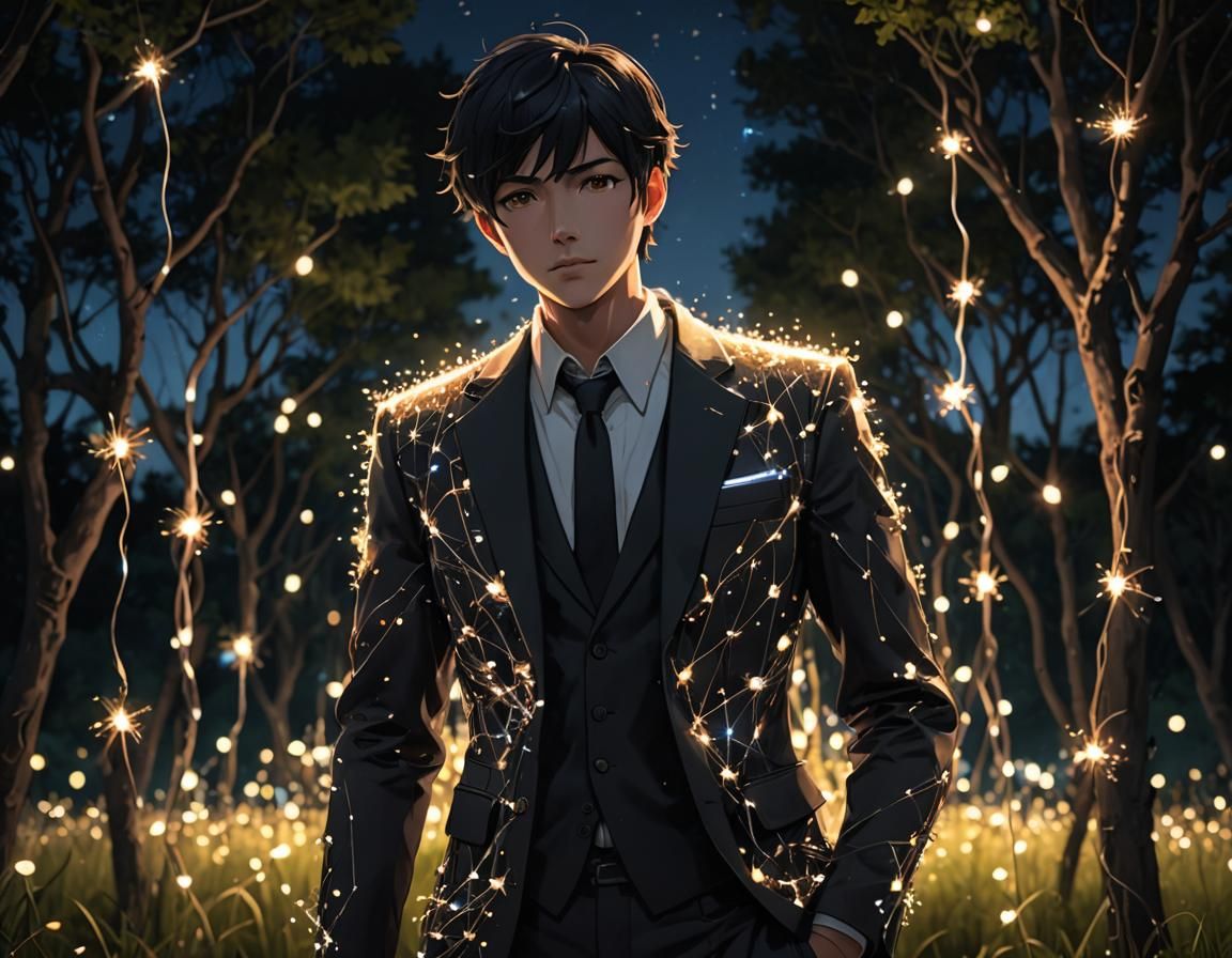 Anime Man in Sparkling Suit at Night