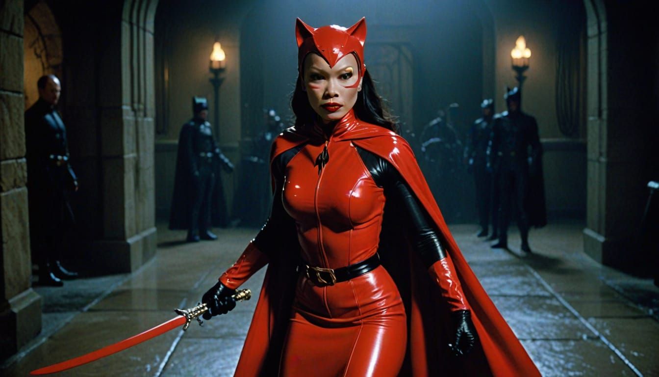 Stunning Red Latex Catwoman Cinematic Film Still