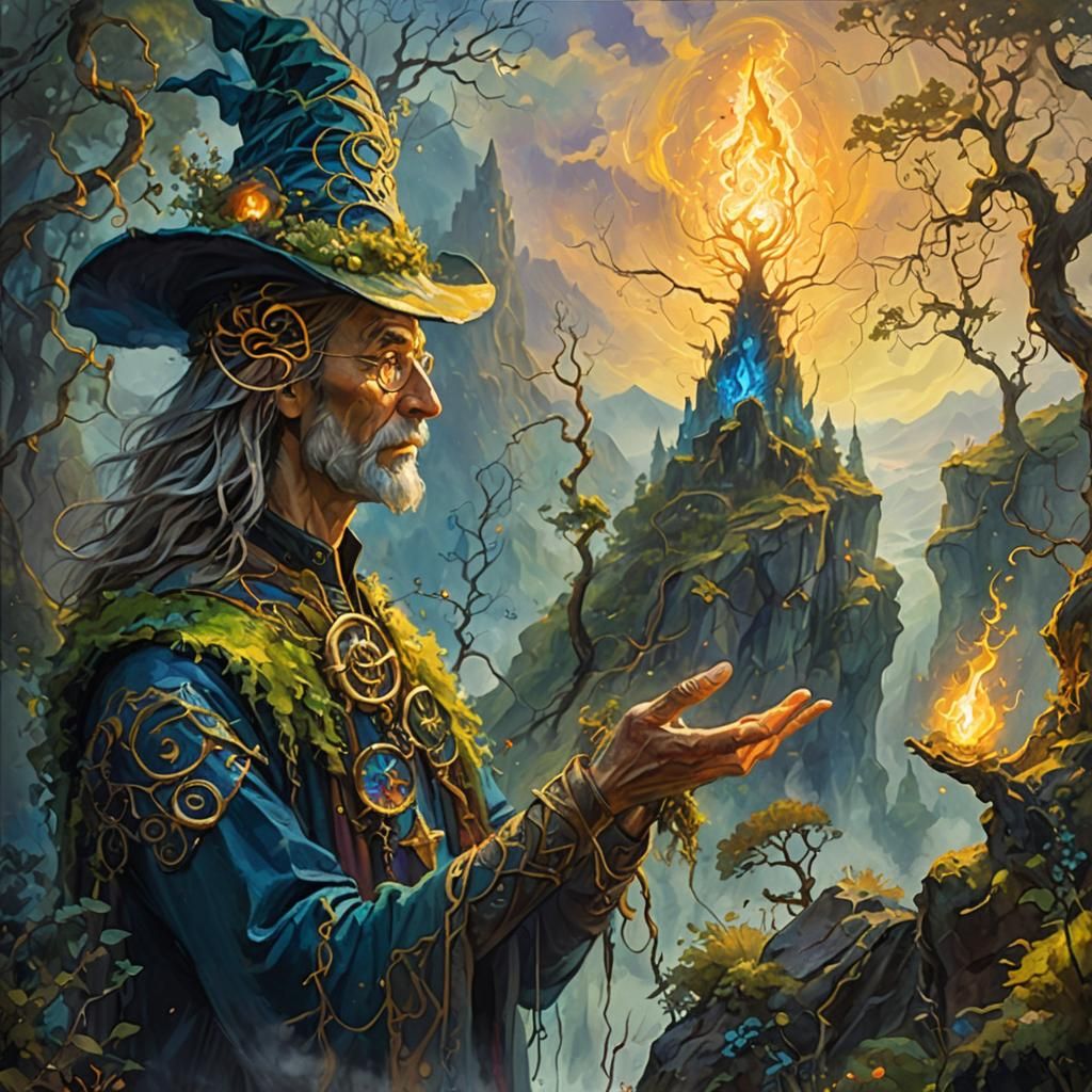 Wizard Overlooks Mystical Forest in Oil Painting