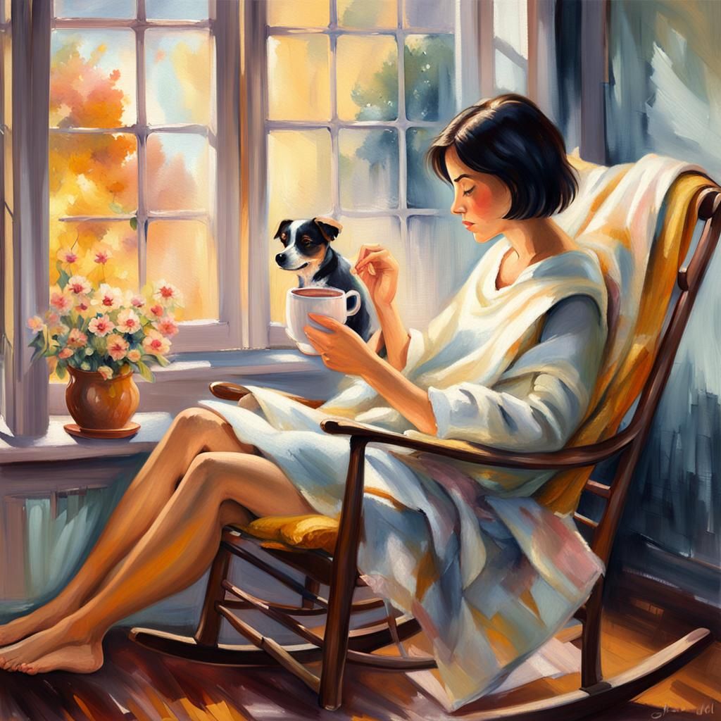 Cozy Impressionist Illustration of Girl in Rocking Chair