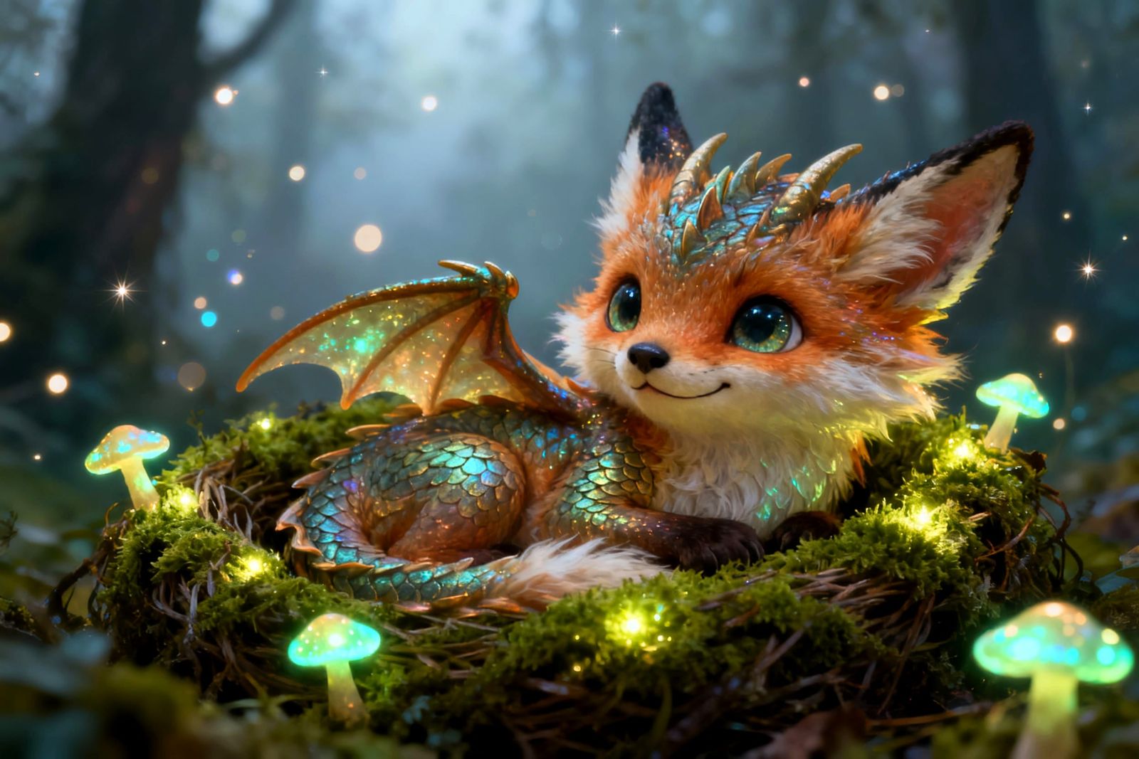 Baby Dragon-Fox Creature in Glowing Forest Nest