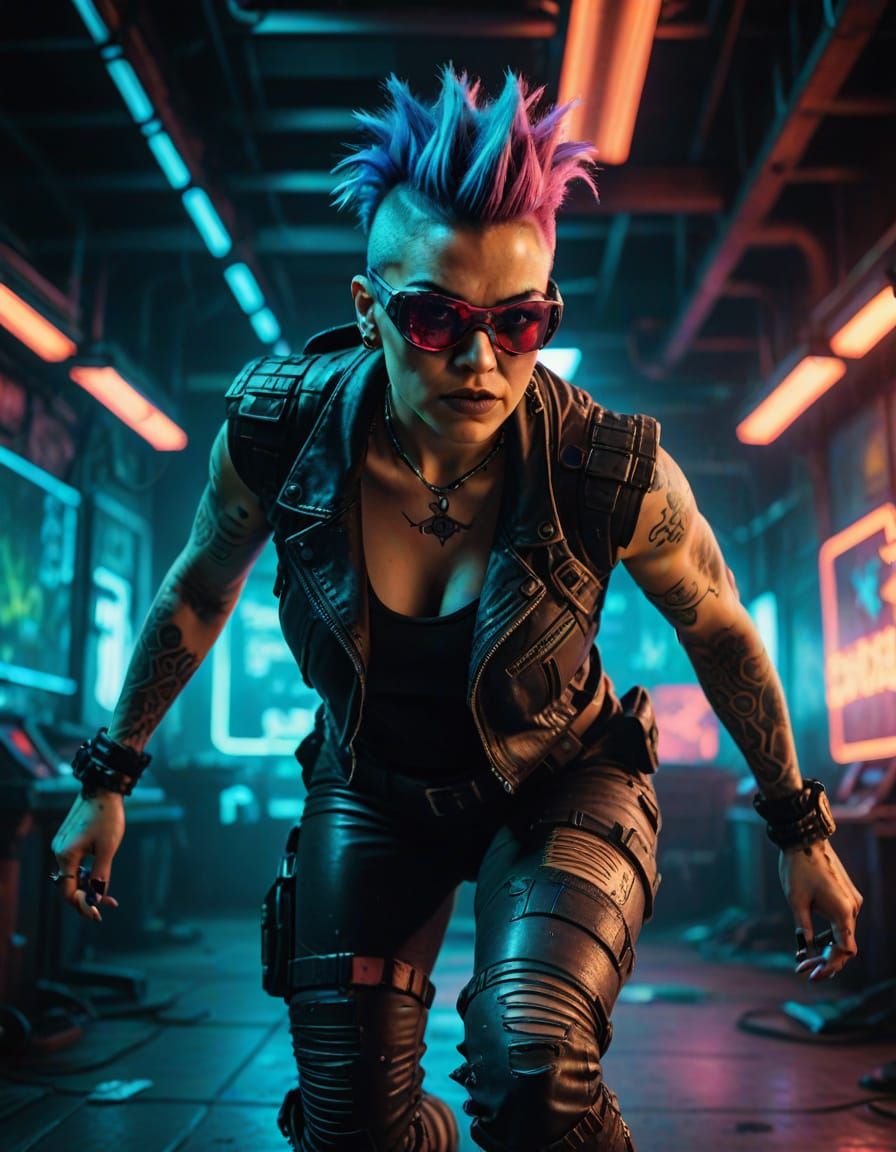 Rebellious Woman Jumps in Cyberpunk Portrait