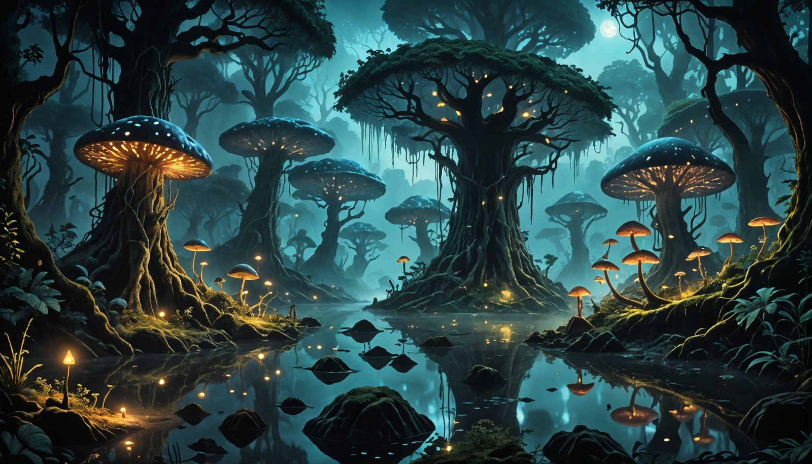 Bioluminescent Forest at Twilight: A Digital Painting