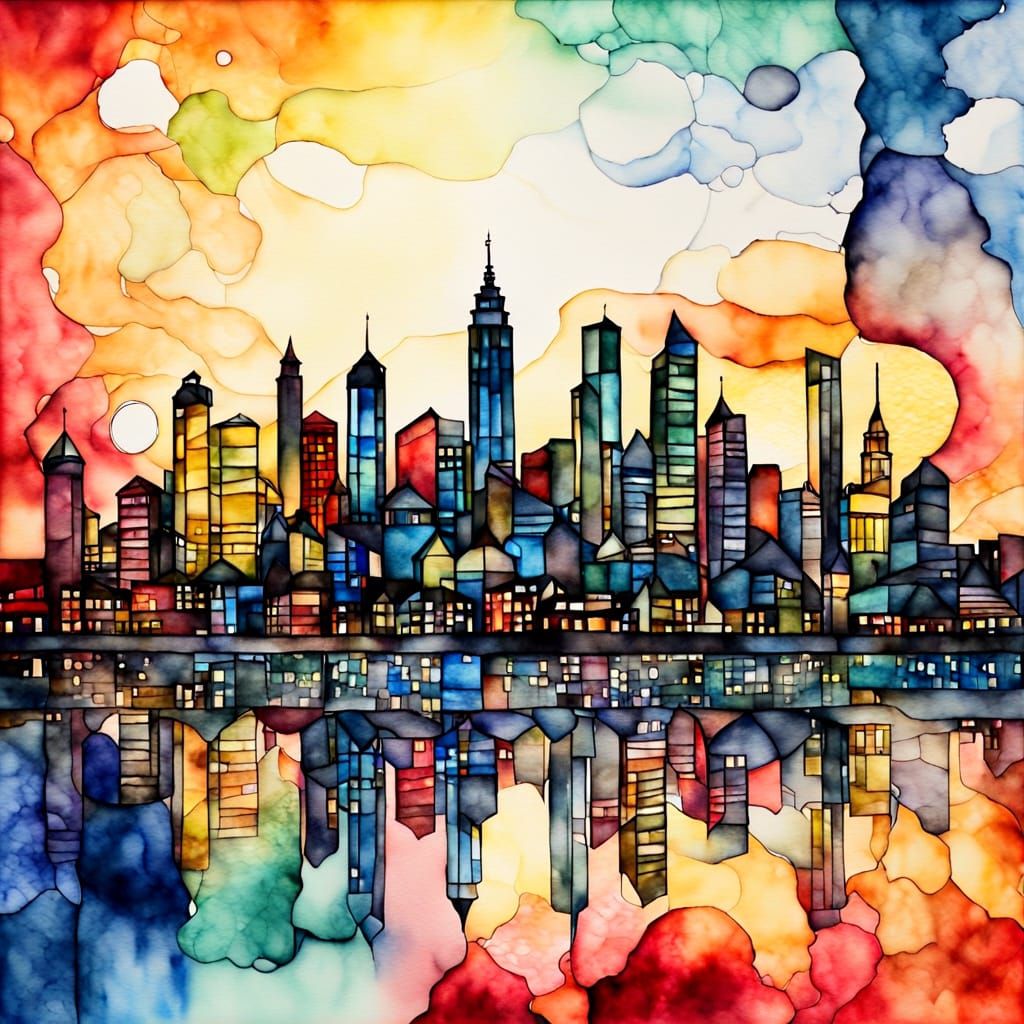 Luminous Stained Glass Cityscape Art