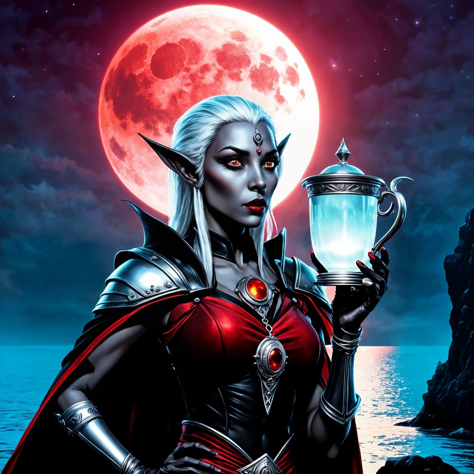 Drow Priestess with Magical Cup in Moonlight