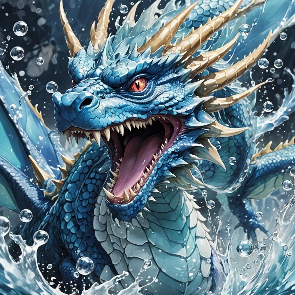 Underwater Blue Dragon Spewing Water: Anime Art